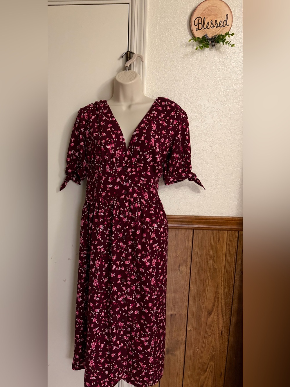 a new day Burgundy Midi Dress with Pink Floral Print size M